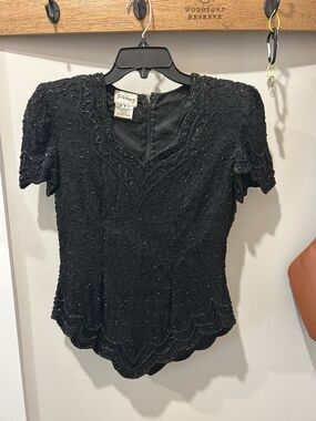 Vintage Silk Beaded Sequin Top Black Size Small Stenay Holiday Party Blouse